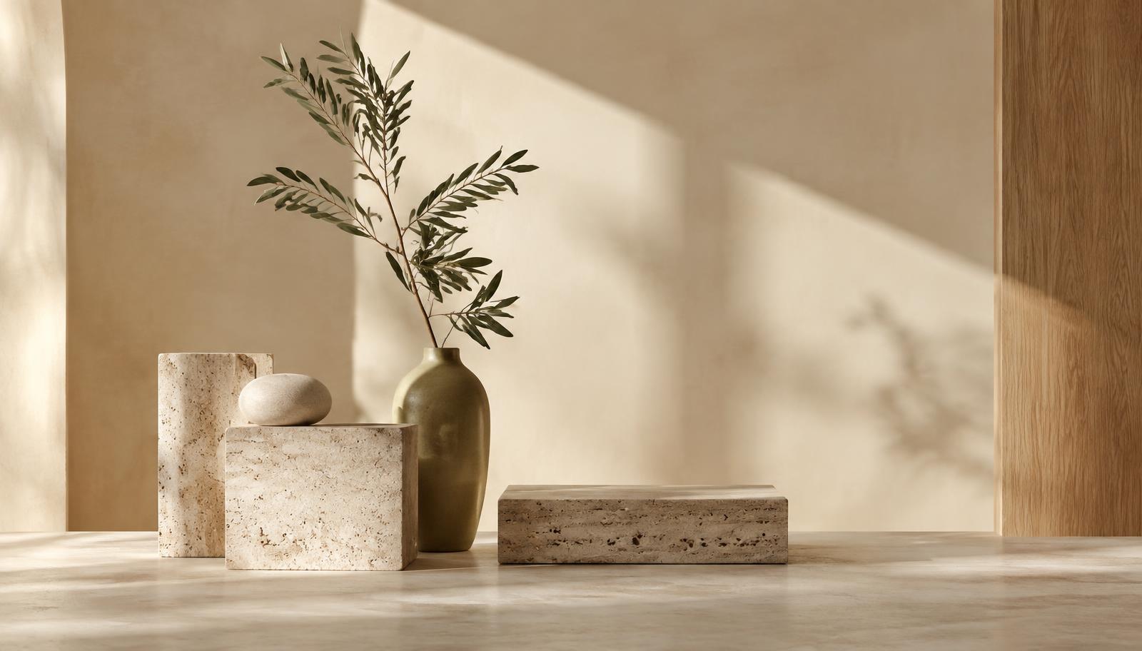 Travertine stones and a sage branch in warm natural light